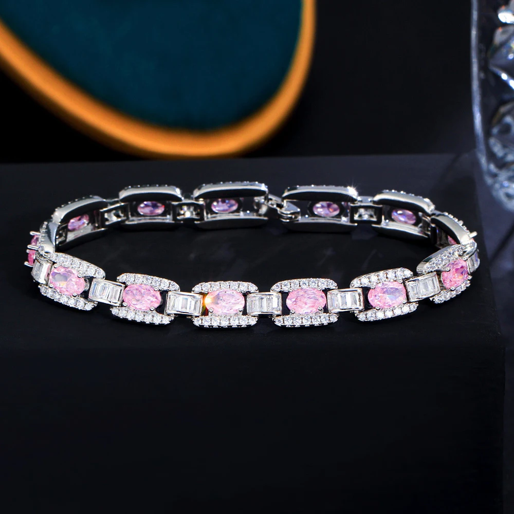 ThreeGraces-pulsera de cadena cubana para boda para mujer, Circonia cúbica blanca y rosa brillante, joyería de disfraz de fiesta BR265