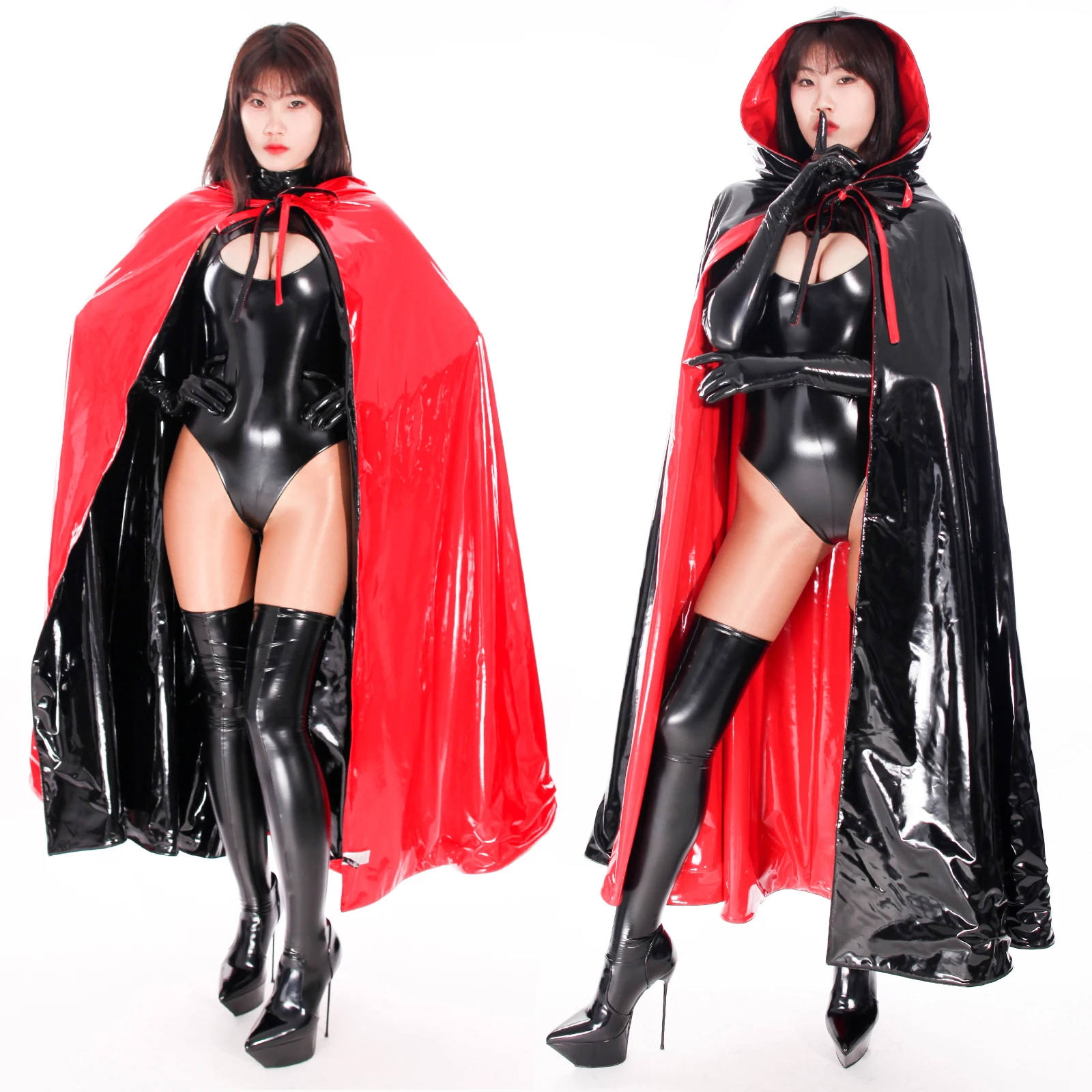 Ftshist Reversible Patent Leather Hooded Cape Sorcerer's Long Cloak Red & Black One Size Monk's Medieval Vintage Party Prop
