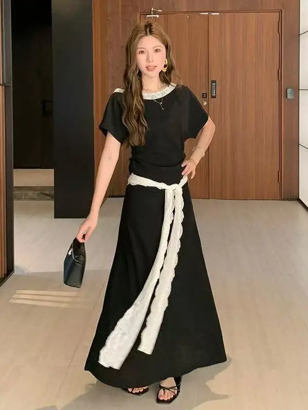 

plus Size Women's Lace Splice Design ort Sve Top High Waist Skirt Set Summer Comfortable Commute Sle Korean Loose...