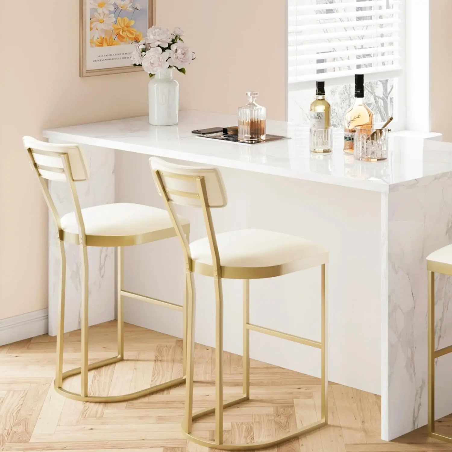 Set of 2 - High Back Counter Height Bar Stools with White Velvet Upholstery & Gold Metal Legs, Soft Padded Kitchen Island Stools