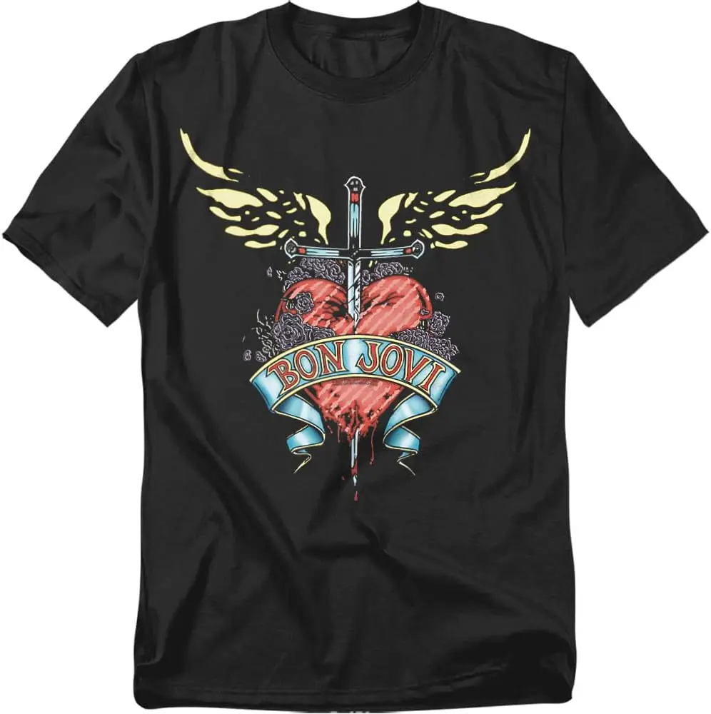 Bon Jovi Logo Heart And Dagger Band T-Shirt, Black 100% Cotton Trendy Y2K Short-Sleeve Tee – Soft, Quick-Drying, &