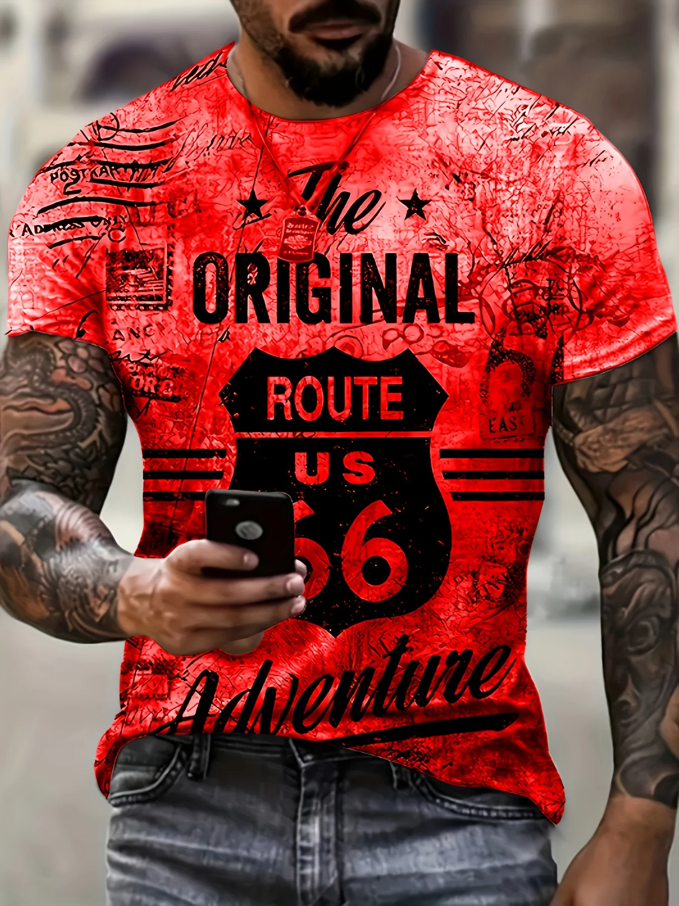 Retro The Original Route 66 Adventure Tee, Distressed Vintage Stamp Graphic Short Sleeve Crew Neck T-Shirt For Men Streetwear