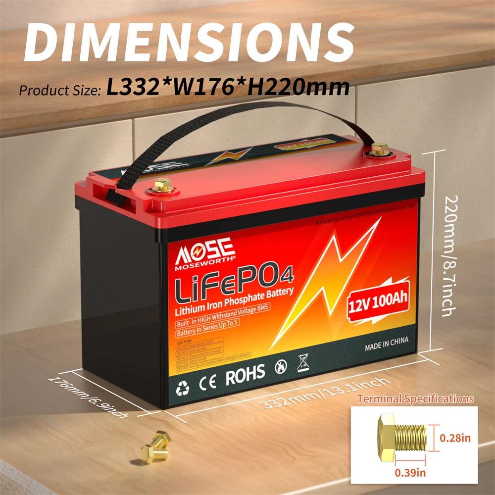 MOSEWORTH LiFePO4 12V 100Ah batterij 12,8V lithiumbatterij 8000+ cycli met Bluetooth BMS klasse A voor boot RV-campers - afbeelding 1