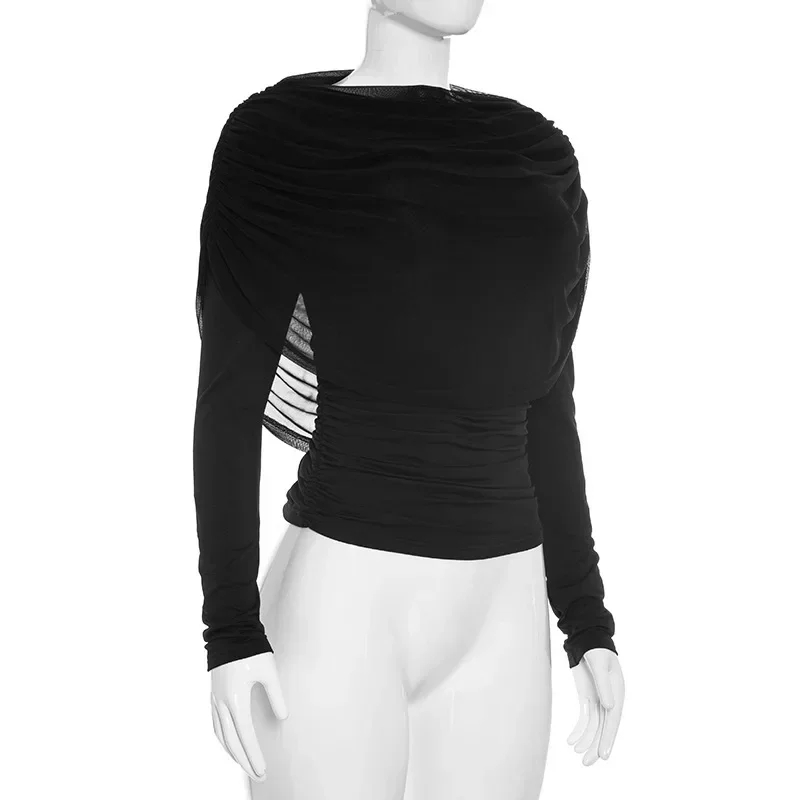 2026 Frühling Sommer Damen Langarm-T-Shirt mit drapiertem Kragen, plissiertem Schal, schmal geschnitten, Stretch-Oberteil, elegant, lässig, Alltagskleidung – Detail 12
