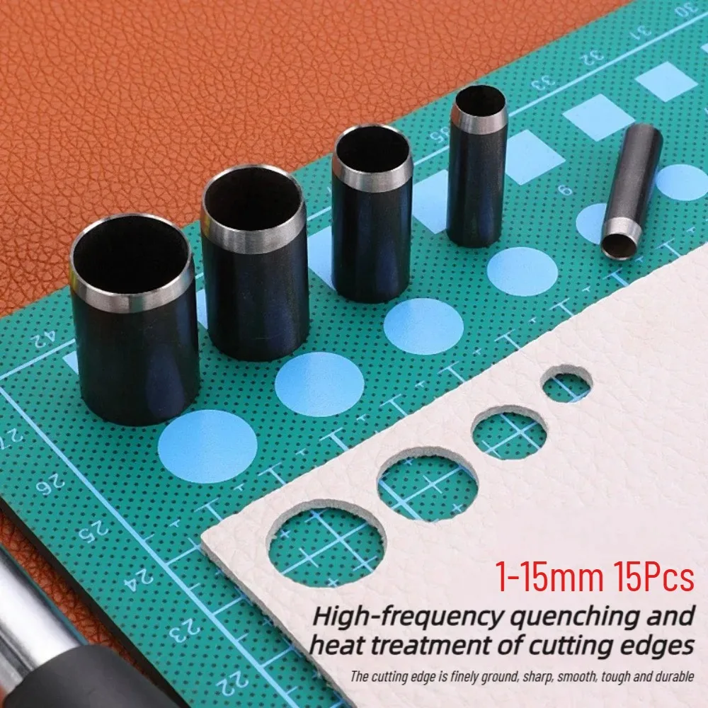Kit de Perfuração de Couro com 15/30 Peças, Conjunto de Cortadores de Furo Redondo de 1mm a 15mm com Estojo de Armazenamento para Ferramentas de Reparo DIY