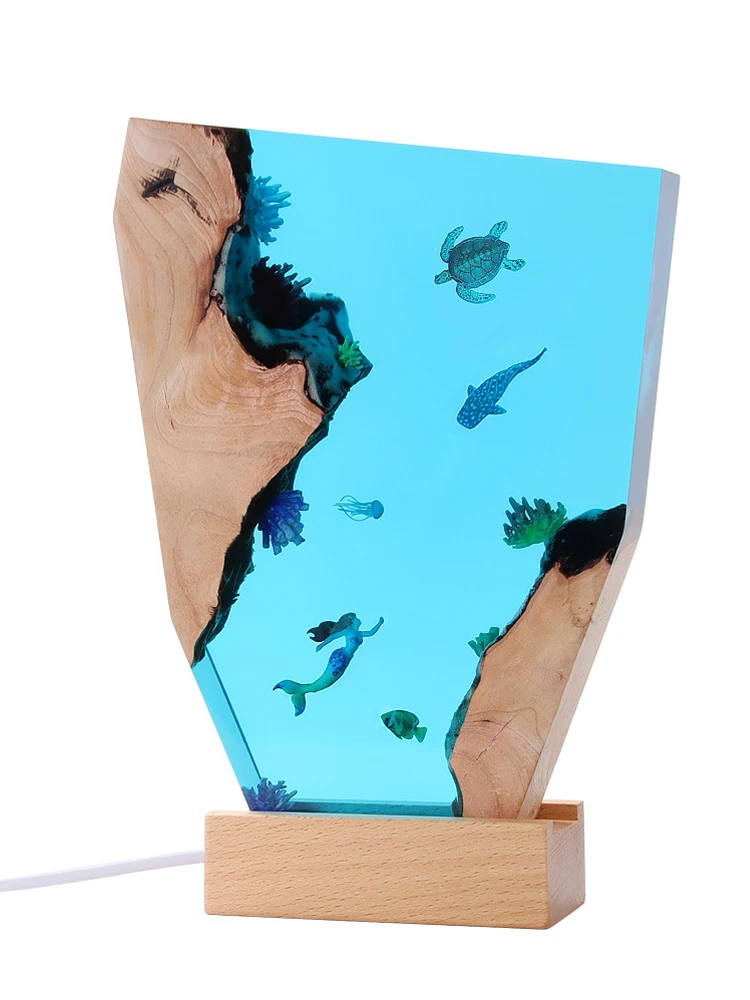 حورية البحر موضوع الكائن الراتنج الجدول ضوء الفن الإبداعي الديكور مصباح تحت سطح البحر العالم ليلة ضوء USB تهمة