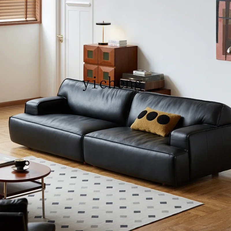 

S1 leather sofa leather first layer cowhide living room high-end Italian minimalist straight row villa black sofa