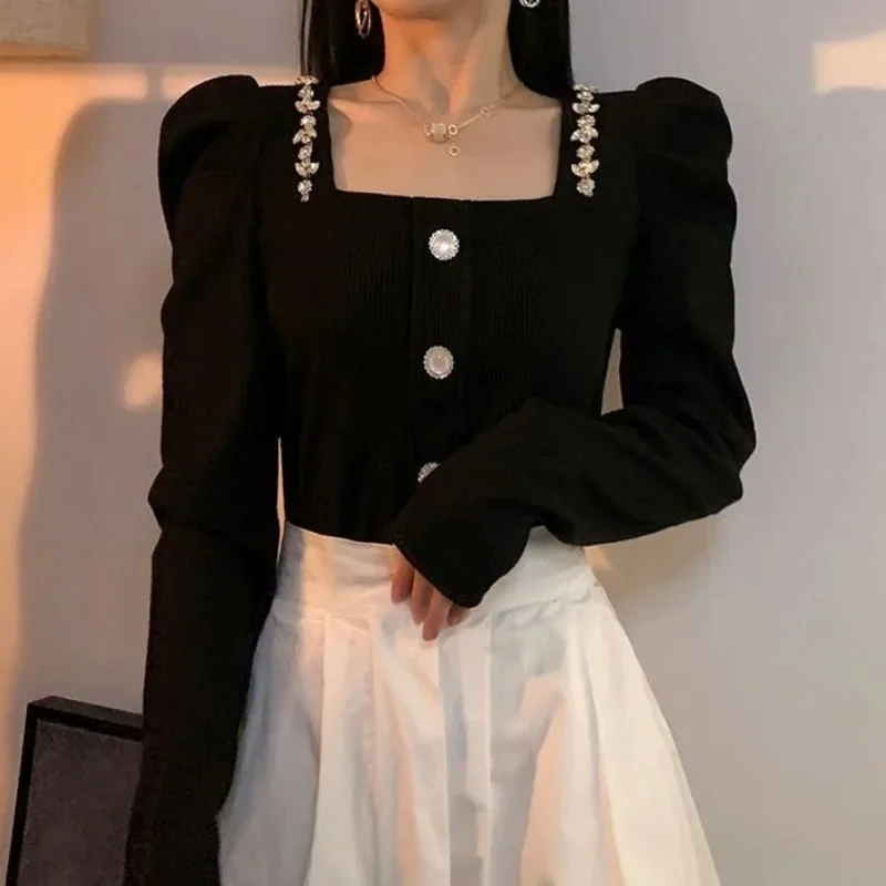 

Vintage Camisas De Mujer Temperament Blouses for Women Square Collar Diamond Tunic Shirts Square Collar Puff Sleeve Blouse Tops