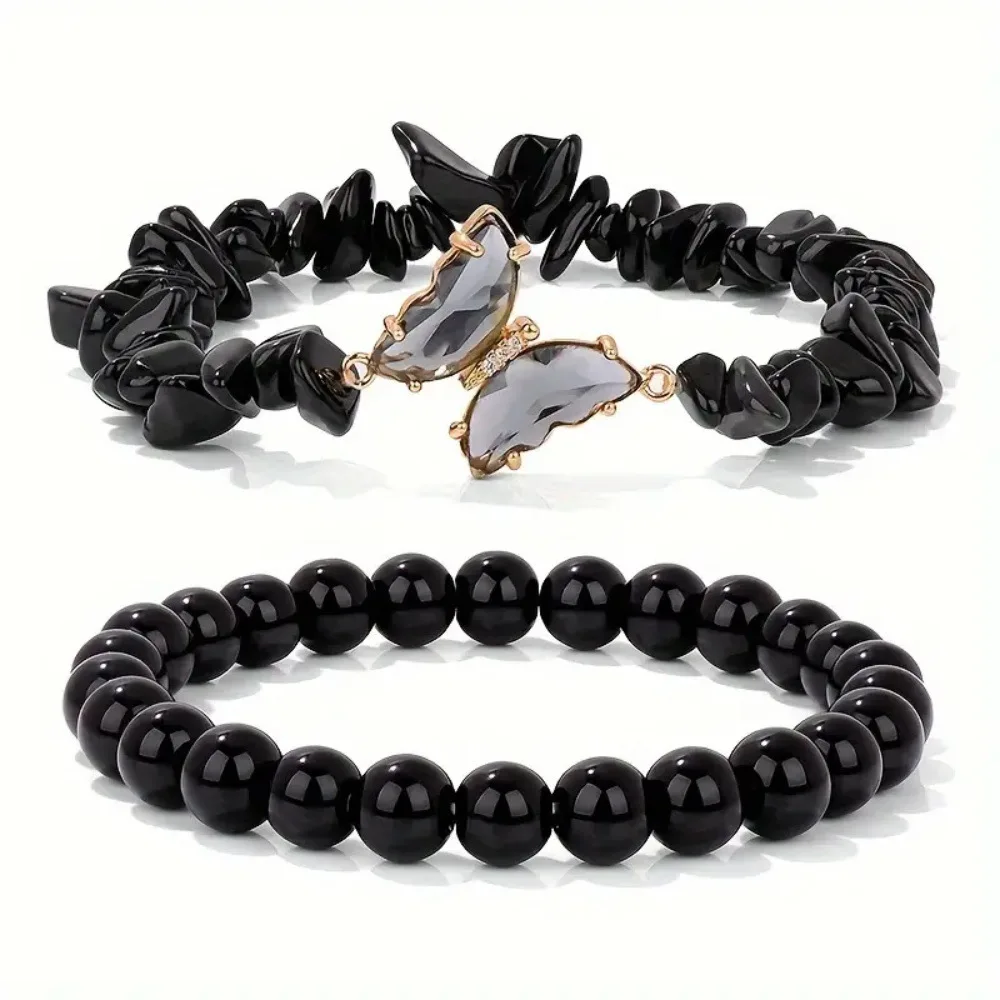 2pc Set Romantic Amethyst Obsidian Quartz Beaded Butterfly Bracelet Women Stretch Bangles Positive Energy Daily Commute