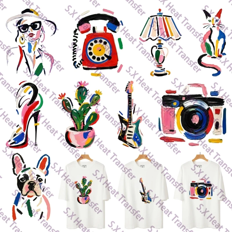 25cm Abstract Thick Brush Stroke Art DTF Heat Transfer Sticker Colorful Oil Painting Retro Portrait Desk Lamp Camera DIY Patches