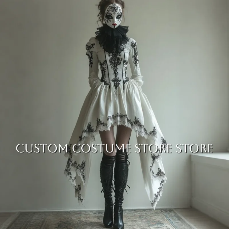 Customized Renaissance Vintage Prom Dresses High Neck White Gothic Long Sleeve Asymmetric Hem Masquerade Evening Gowns