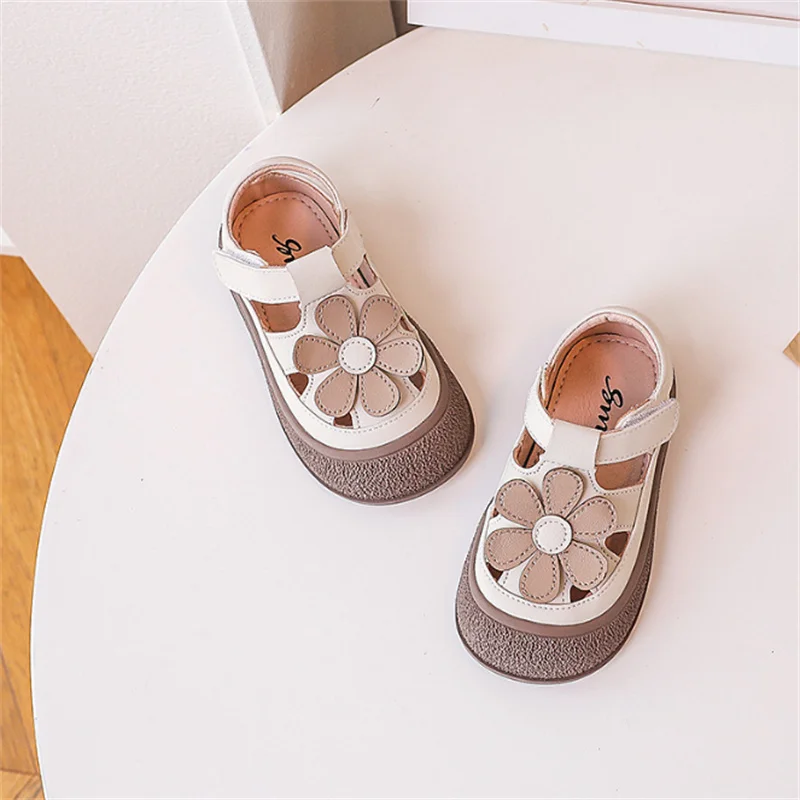 2024 New Summer Kids Sandals For Girls Leather Bowtie Closed Toe Baby Shoes Soft Sole Fashion Toddler Girls Sandals EU 21-30