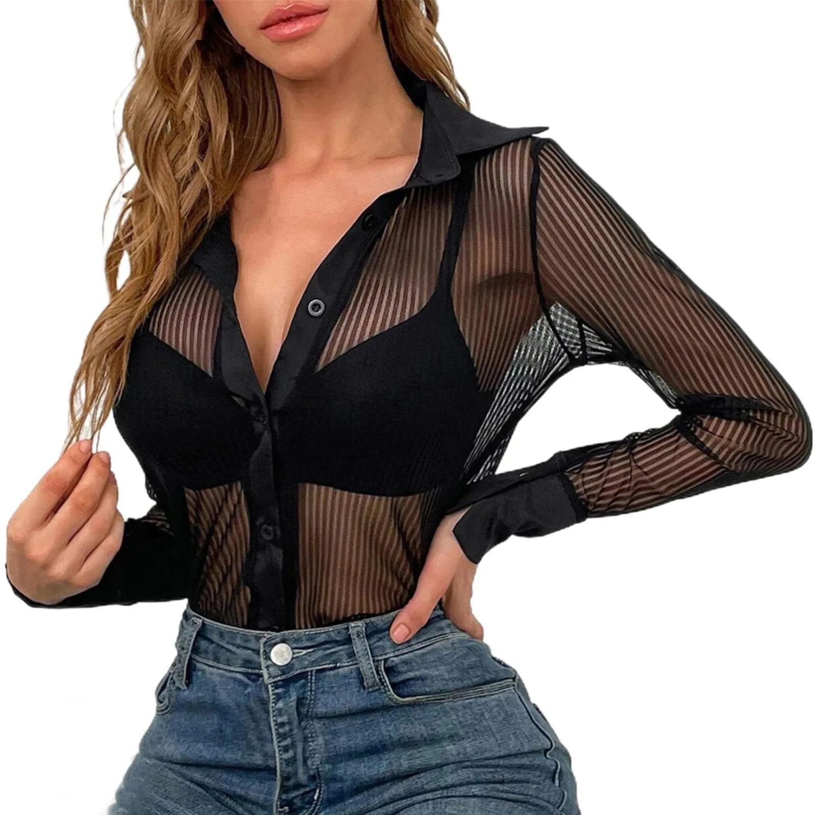 Women\'s Sexy See Through Shirts Mesh Sheer Single Breasted Tops Long Sleeve Turn-down Collar Sheer Blouse Streetwear