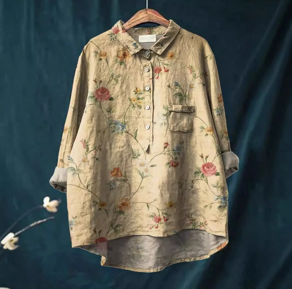 เสื้อเชิ้ตแขนยาวพิมพ์ลายดอกไม้สวมใส่สบาย เสื้อเชิ้ตแฟชั่นลําลองทุกวัน เสื้อติดกระดุมมีกระเป๋า