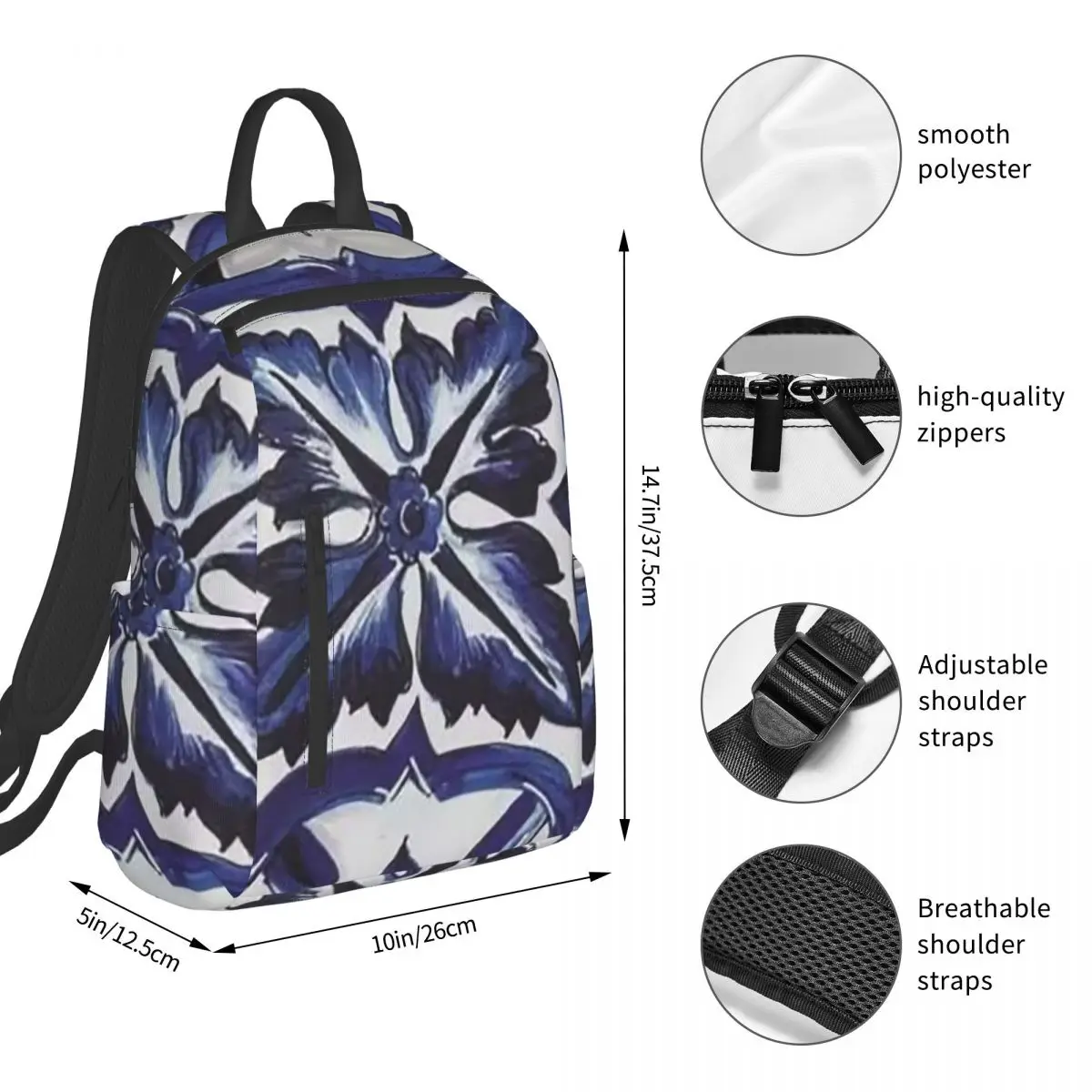 Blue Ornate Floral Mediterranean Sicilian Tile Placemat  Backpack Student BookBag Boys Girls School Bag Computer Shoulder Bags