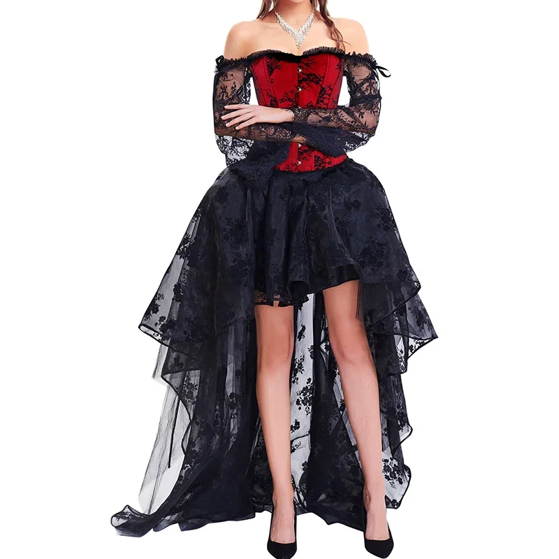 Steampunk Corset Dress Bustier Gothic Corselet Sexy Black Red Corset Clothing Women Lace Off Shoulder Floral Party Long Dresses