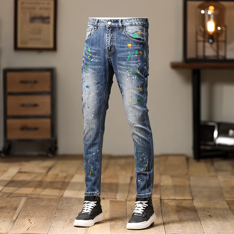 Streetwear Fashion Men Jeans Retro Blue Elastic Stretch Skinny Ripped Jeans Men Painted Designer Hip Hop Stretch Pants Hombre
