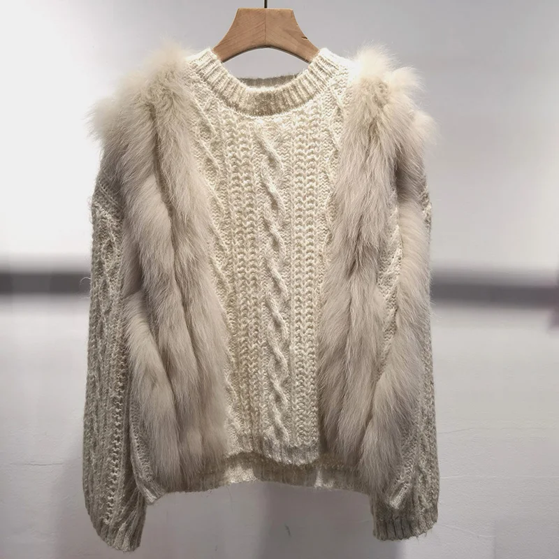 Women Winter Real Fox Fur Trim Knitted Pullover Fashion Female Autumn Long Sleeve Loose O-neck Pull Jumpers Tops