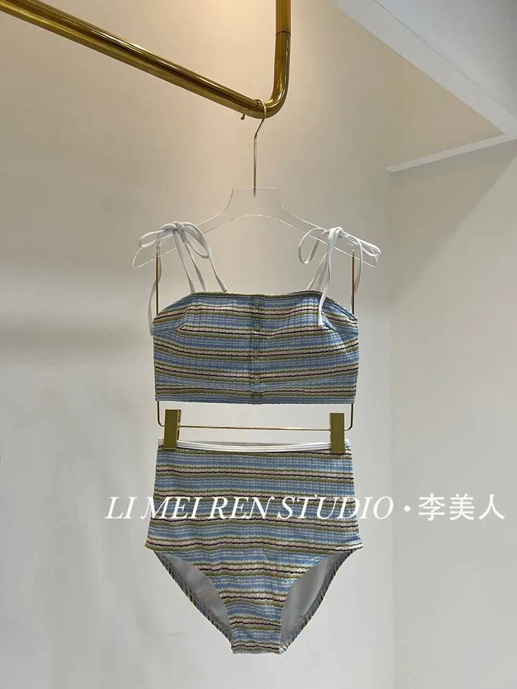 New Beach vacation knitted striped split swimsuit high waisted camisole bikini