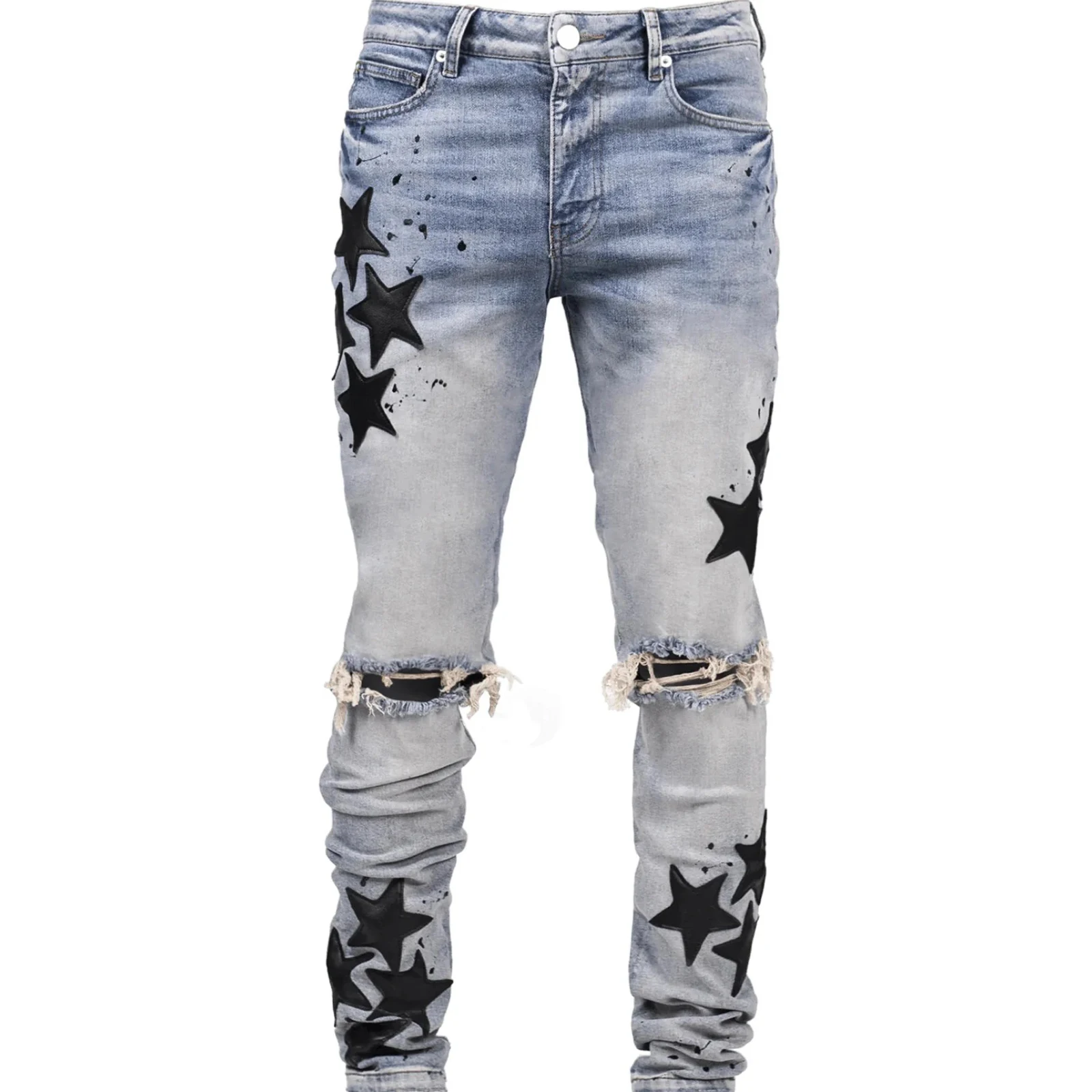 กางเกงยีนส์ทรงสลิมฟิตผู้ชายสตาร์ริปลำลองกางเกงยีนส์กลางสำหรับสวมใส่ทุกวันกิจกรรมกลางแจ้งสตรีทแวร์