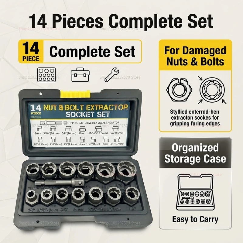 14pcs Bolt Extractor Set for Stripped Damaged Rusted Frozen Rounded-Off Bolt Removal Automotive Machinery Repair Tools Kit