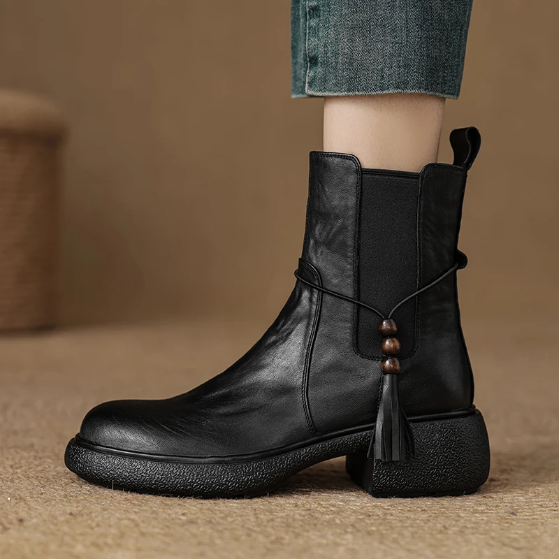 

Genuine Leather Women Shoes Ankle Boots Thick Heels Platforms Booties Autumn Winter Shoes Casual Fashion Dress Motorcycle Boots