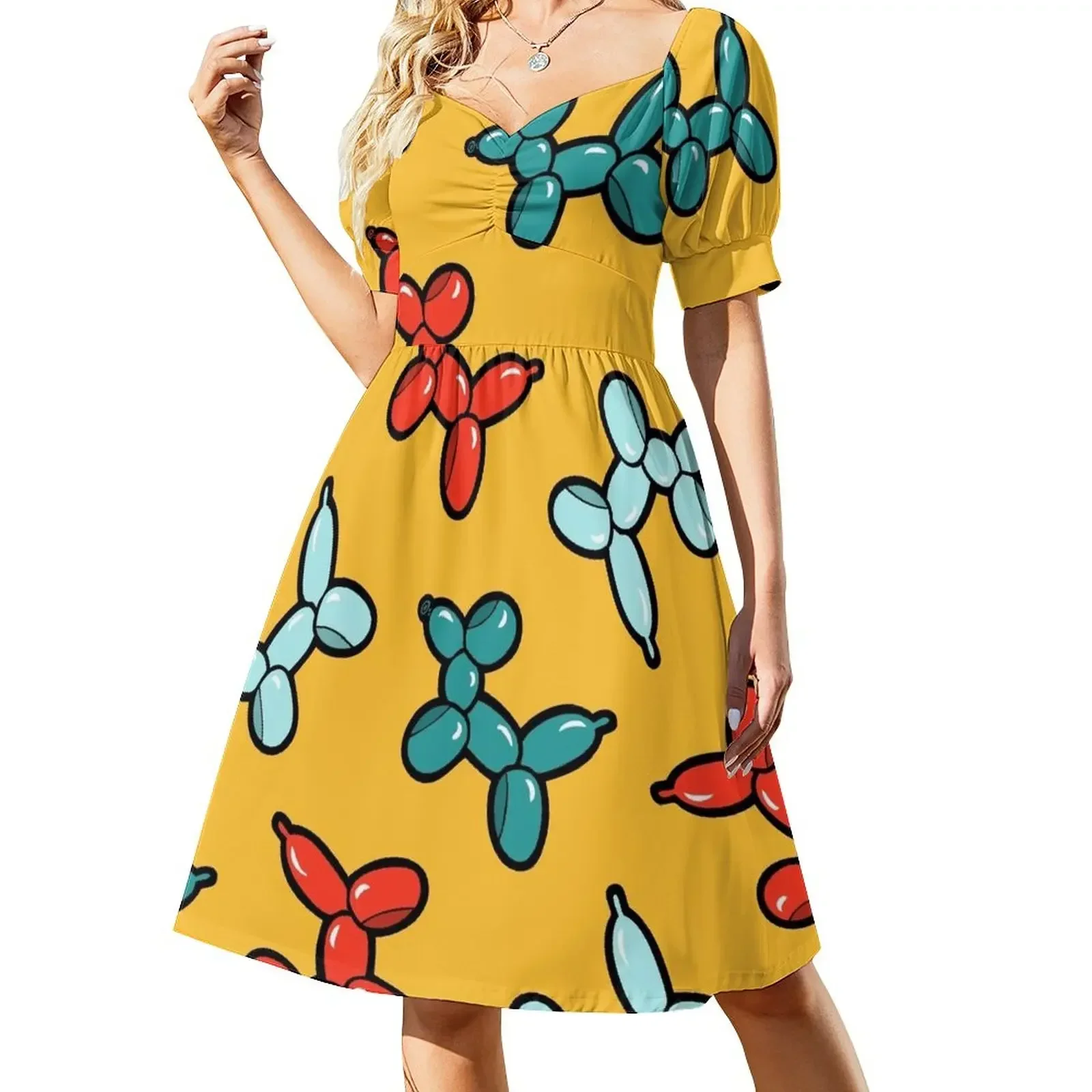 

Balloon Animal Dogs Pattern in Yellow Short-Sleeved Dress Woman dresses summer dress woman 2025 Dress