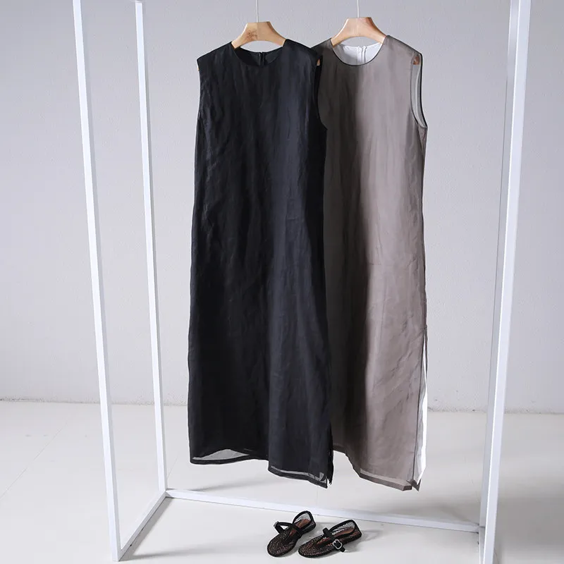 Lightweight Double-layered Sleeveless Vest Dress with One Side Slit