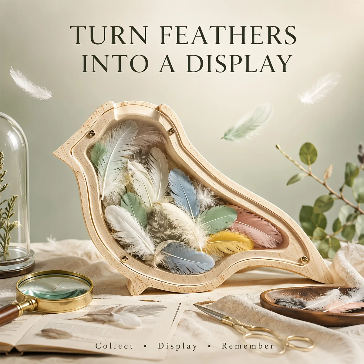 Natural Wood Bird Shadow Box Clear View Acrylic Panel Small Collectible Feather Specimen Display Case Tabletop Ornament Gift
