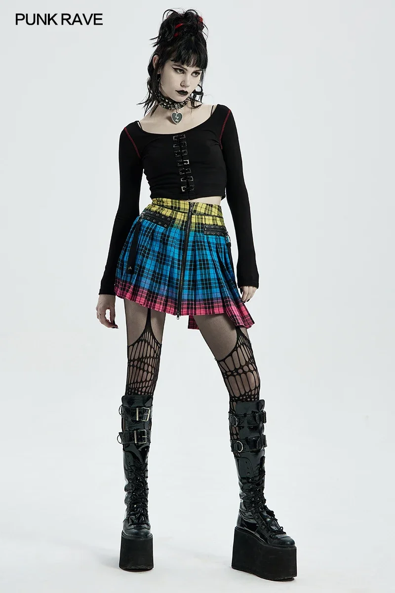 PUNK RAVE Women's Punk Color Plaid Playful Cute Pleated Skirt Daily Sexy Mini Half Skirts Little Ghost Head Nails Decoration