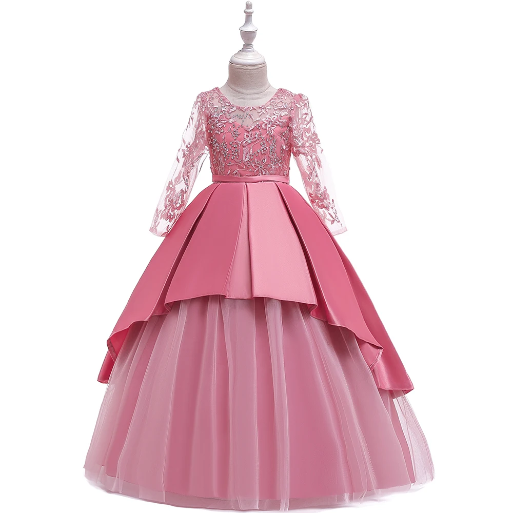 Elegant Sequin Bridesmaid Party Girls Dress Christmas Costume Long Sleeve Wedding Party Princess Dress Girl First Communion Gown