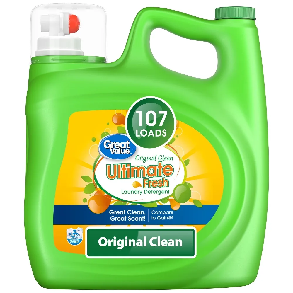Great Value Ultimate Fresh Laundry Detergent, cleans original scent, 154 fl oz, 107 washes.