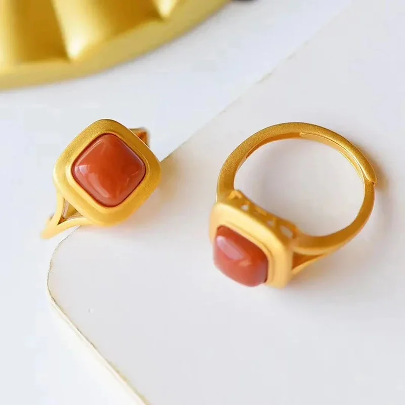 Original Design Inlaid Southern Red Tourmaline Geometric Square Open Ring Chinese Vintage Court Elegant Silver Jewelry