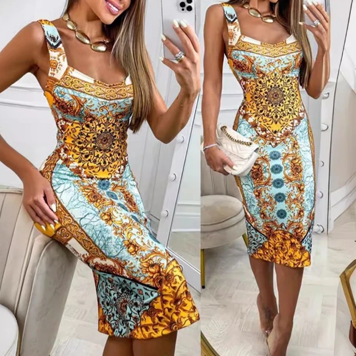 Women Party Dress 2024 Summer Temperament Sleeveless Retro Printed U-Shaped Collar Dress Sexy Fashionable Tight Fitting Dress