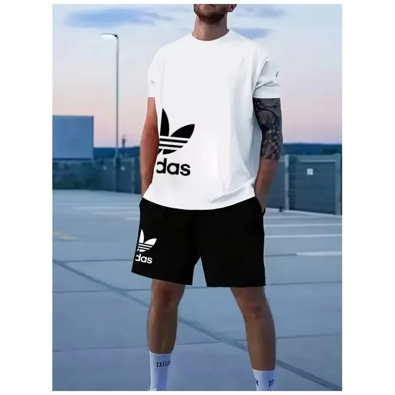 Summer round-neck men's cotton T-shirt and shorts set, fashionable casual sportswear, jogging and fitness 2-piece set, 2026 new