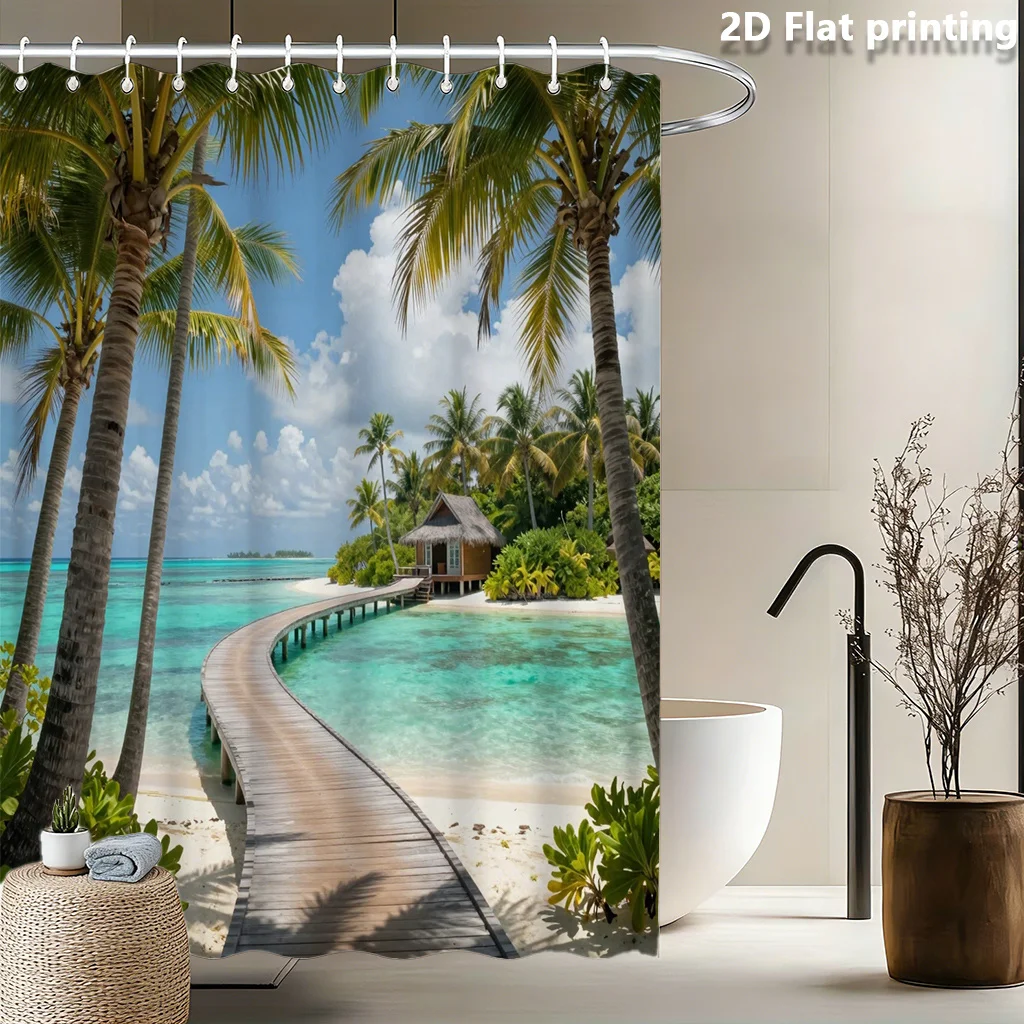 2D Flat, 2D Flat, 1pc 2D Flat-Printed Shower Curtain Showcasing a Tropical Beach with Palm Trees, a Wooden Path, And a Thatched
