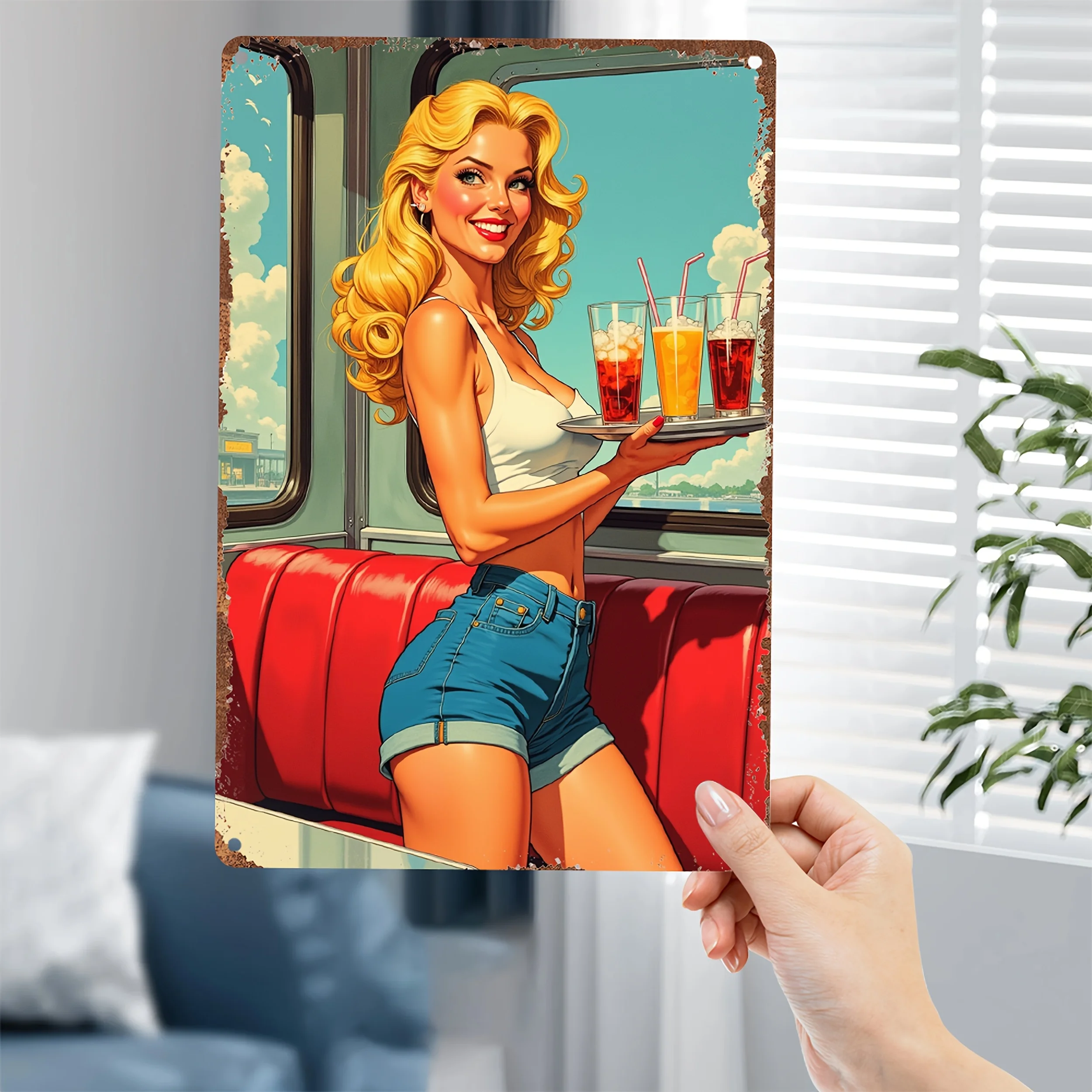 Vintage Americana Diner Metal Tin Sign - Retro 1950s Waitress with Soda Cups, Red Booth - Heavy-Duty Metal Wall Decor for Hom