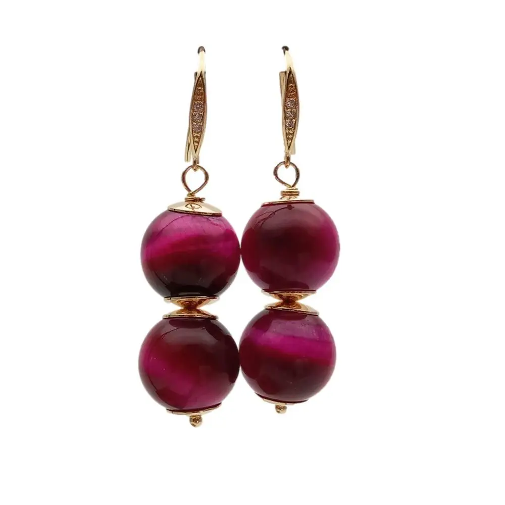 Y·YING Natural Tiger Eye Drop Earrings Fuchsia Color For Women Earring