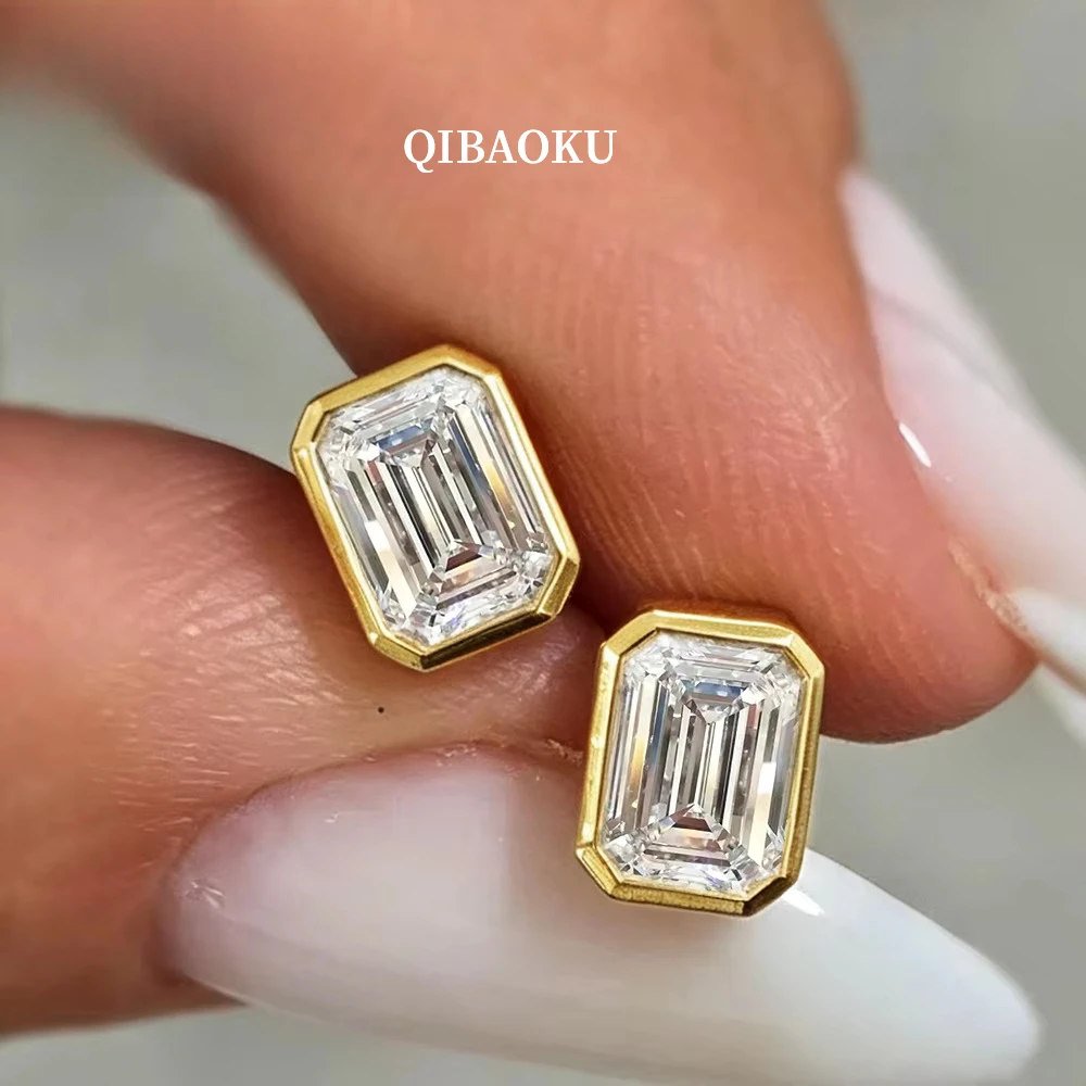 QIBAOKU 1Carat Bezel Set Emerald Cut Moissanite Stud Earrings Pure S925 Silver Diamond Ear Studs for Women Gifts Jewelry 2026