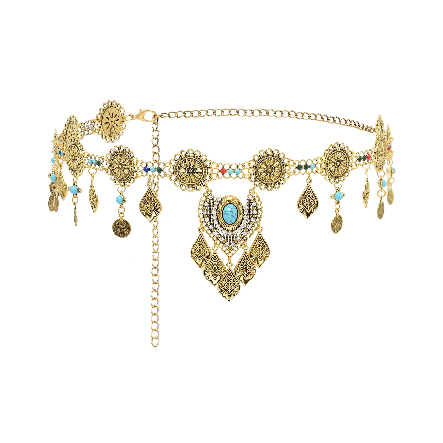 

Bohemian Ethnic Style Drop Flower Gold Silver Color Imitation Turquoise Metal Alloy Waist Chain for Women Belly Jewelry Gift