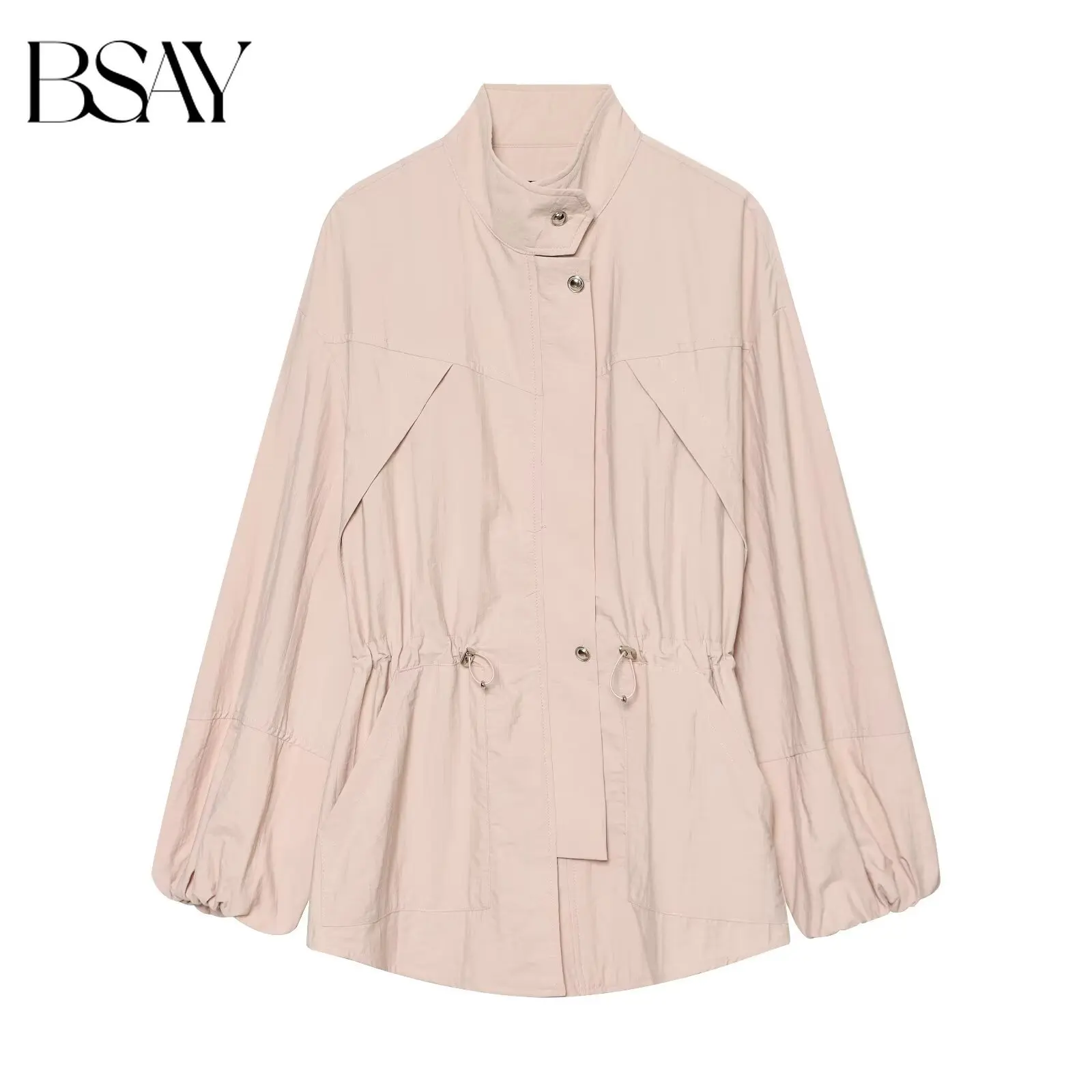 BSAY Autumn Women Stand Collar Field Jacket Long Sleeve Drawstring Waist Lantern Cuff Snap Button Loose Solid Casual Outer Coat