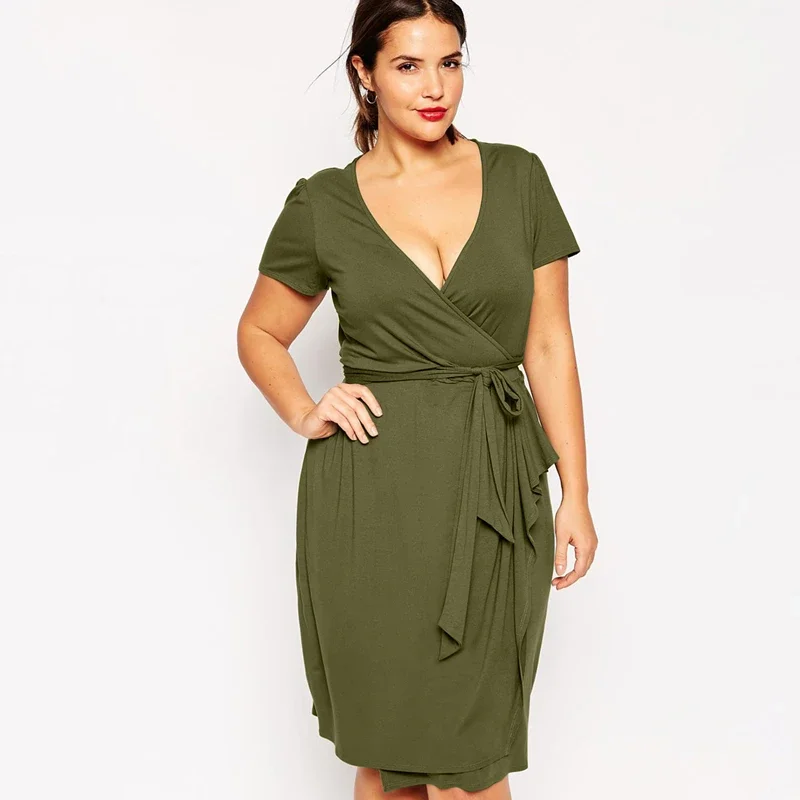 Plus Size Sexy V-neck Summer Elegant Wrap Dress Short Sleeve Sashes Office Party Dress Female Large Size Casual Midi Dress 6XL