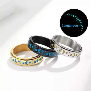 แฟชั่น Luminous Moon Star 316L ไทเทเนียม Fidget ความวิตกกังวลแหวนผู้ชายโลหะหมุนได้ซ้อน Spinner แหวน