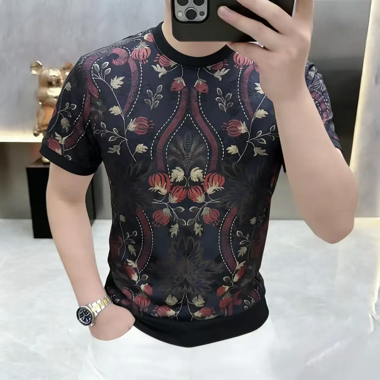 Summer Luxury Printed Ice Silk T-shirt for Men Slim Fit Casual Social T-shirt Breathable and Comfortable Streetwear T-shirt 2026