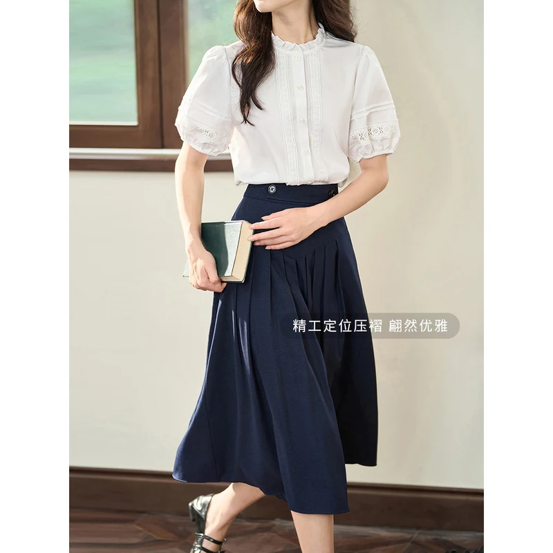 INMAN Women Skirt 2023 Summer Design Button Waist A-shaped Loose Pleated Design Commuting Temperament Yellow Navy Skirt