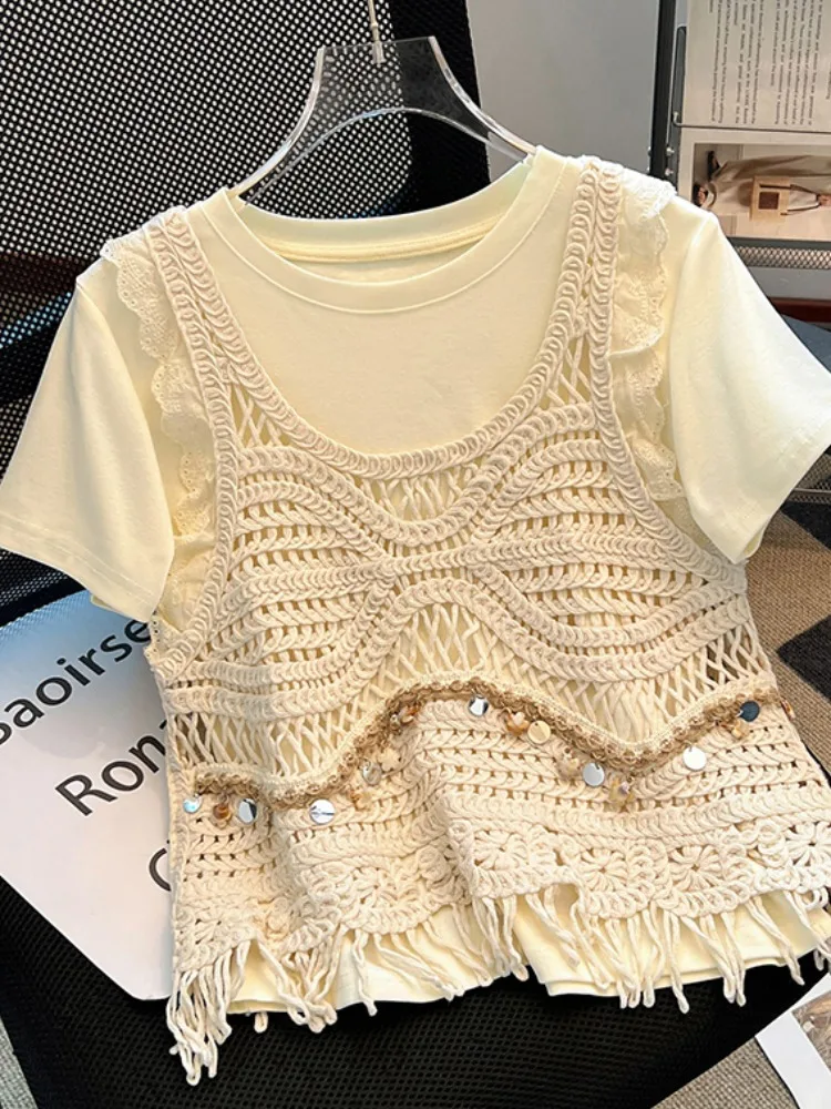 

n Sle Knitted Cover up Vest Hollow out Tassel ort Sve Women's Two Piece Set Casual Comfortable Cotton Blend