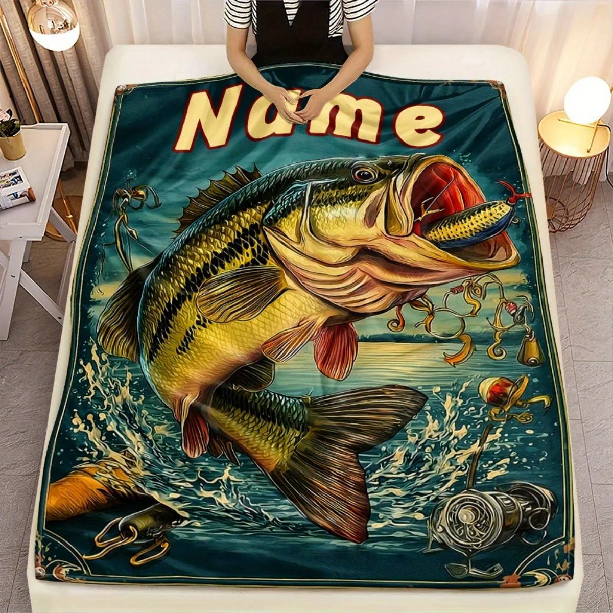 1pc Personalized Fishing Blanket with Custom Name - Bass Jumping Fish Design, Green Blue Golden Outdoor Camping Bedding, Soft