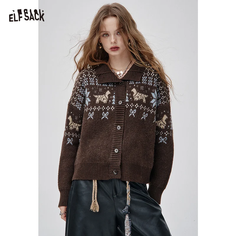 

ELFSACK 2025 Winter New Arrivals Casual Bohemian Print Loose Fit Cardigan For Woman