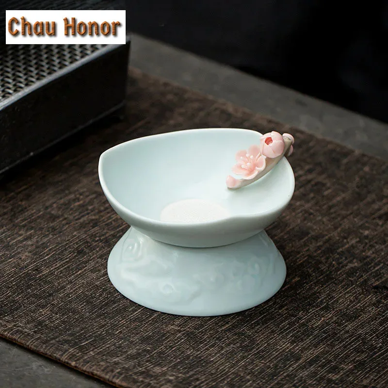 

Handmade Knead Pink Plum Blossom Ceramic Tea Infuser Boutique Azure Ru Kiln Celadon Loose TeaLeaf Spice Tea Filter Tea Ceremony