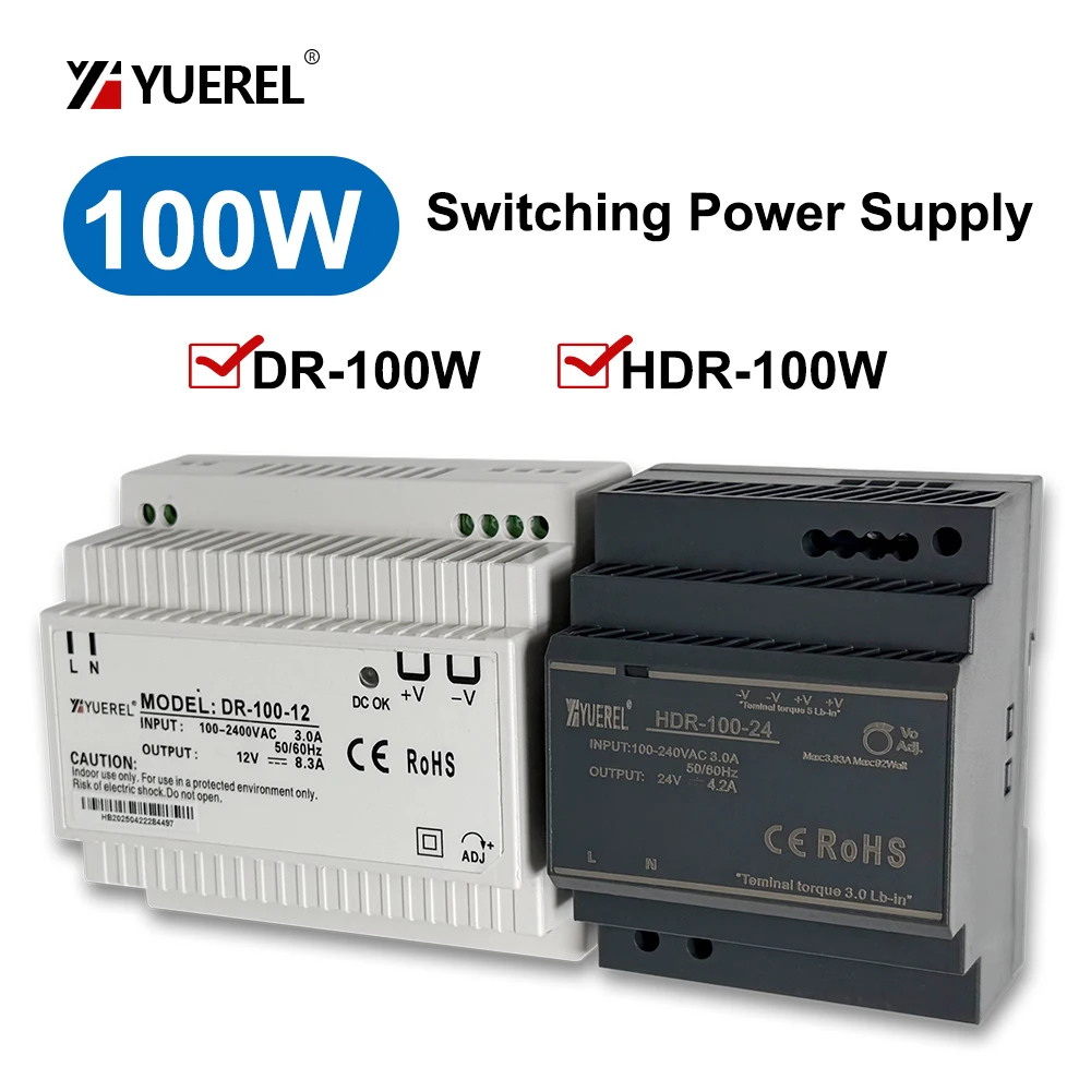 DR100W  HDR100W 12V 8.3A 24V 4.2A  3.83A 48V 1.92A Switching Power Supply DIN Rail Type Transformer